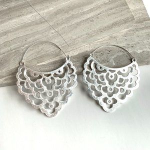 New~ Anthropologie Lace Cut Out Silver Hoop Earrings